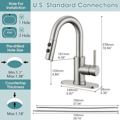 Brushed Nickel Bathroom Faucet with Pull Down Sprayer, 2 Flow Mode | Modern Stainless Steel Bathroom Sink Faucet with Pop-up Drain and Hoses, RV & Outdoor Basins, for 1 or 3 Hole - color: Brushed Nickel