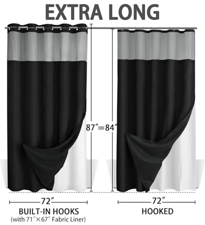 No Hook Shower Curtain with Liner Set Hotel Waffle Curtain Black 72W X 87L | Washable Snap in Fabric Liner, Mesh Top Window, Waffle Hotel Style Shower Curtain Set - color: Black, size: Extra Long 72"W x 87"L