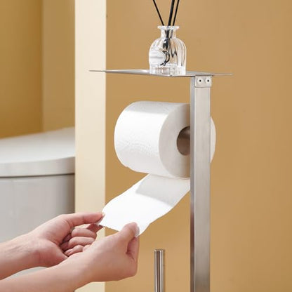 Freestanding Toilet Paper Holder for Bathroom – Brushed Stainless Steel Square Tissue Dispenser with Storage Tray & Roll Organizer - color: Brushed