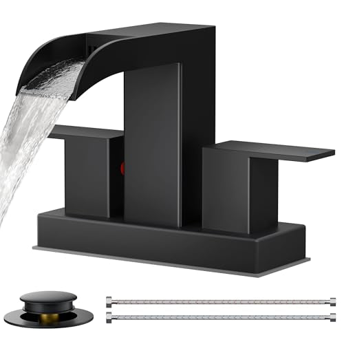 FORIOUS Waterfall Bathroom Faucet 2 or 3 Hole 4 Inch Centerset Matte Black | Square Bathroom Sink Faucet 4 Inch Two Handles with Pop-up Drain and Supply Lines, for Vanity RV Farmhouse Laundry Room Basin - color: Matte Black