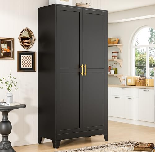PAOFIN 75" Metal Kitchen Pantry Cabinet, Storage Cabinet with Doors and 5 Adjustable Shelves, Cabinet with 2 Metal Handles,Tall Cabinet for Livingroom,Pantry, Bathroom,Kitchen Black - color: Black, size: 75"-5 Adjustable shelves-A