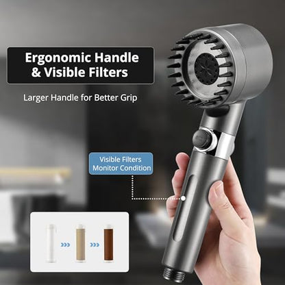 Iopsk Fitered Shower Head with Handheld for Hard Water, High Pressure Handheld Shower Heads with On Off Switch, Showerhead with Long Hose(Gun Grey,2 Filters)