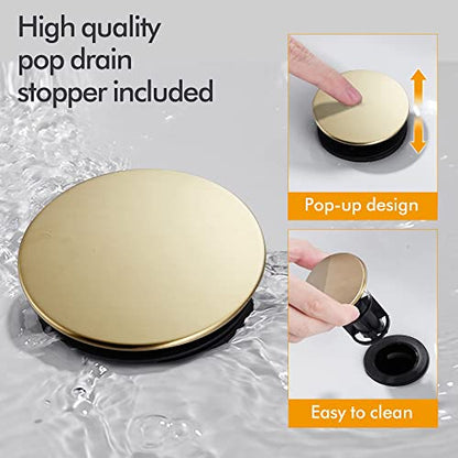 Bathroom Sink Faucet FRANSITON 4 Inch 2 Handle Lead-Free Brushed Glod Bath Sink Faucet with Pop-up Drain Stopper and Supply Hoses - color: Brushed Gold