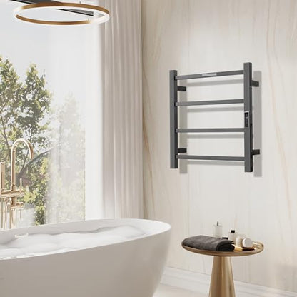 Electric Heated Towel Warmer - Wall Mounted Bathroom Towel Rack, Plug-in Design & Brushed Stainless Steel Finish Gunmetal with Timer & Temperature Control 4 Bar - color: Square Gunmetal With Timer, size: 4 Bar