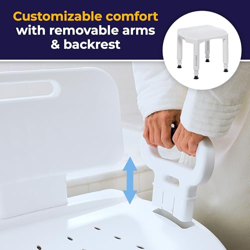 Drive Medical Shower Chair with Back and Arms, White, 350 Lb Capacity | Bathroom Bench Offers Back and Arms with Suction Tip Legs for Added Stability and 350 Lb Weight Capacity
