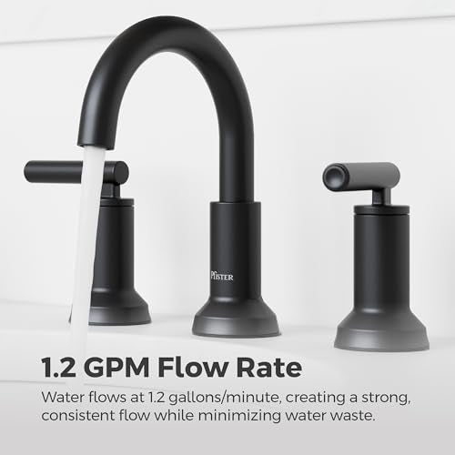 Pfister Capistrano Widespread 3 Hole Matte Black Bathroom Sink Faucet with 2 Handles Push & Seal Drain NSF Certified Spot Defense Finish Farmhouse Style Vanity LF049CSOSDB - color: Spot Defense Matte Black, size: 1 Pack