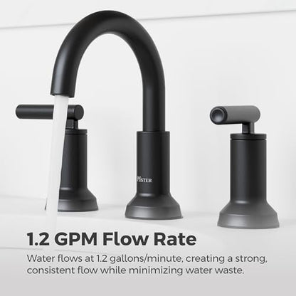 Pfister Capistrano Widespread 3 Hole Matte Black Bathroom Sink Faucet with 2 Handles Push & Seal Drain NSF Certified Spot Defense Finish Farmhouse Style Vanity LF049CSOSDB - color: Spot Defense Matte Black, size: 1 Pack