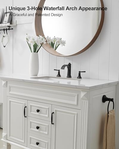 Waterfall Bathroom Faucet 3 Hole, 4-16 Inch Oil Rubbed Bronze Bathroom Faucet, Brass Bathroom Sink Faucet, 2 Handle Bathroom Faucets, Bathroom Vanity Faucet with Pop-Up Drain, Water Hoses - color: Oil Rubbed Bronze