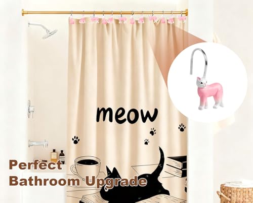 Pink Cat Shower Curtain Hooks Set of 12, Hand-Painted Resin Cat Shower Hooks with Rust-Resistant Metal Rings, Cute Bathroom Accessories - color: Pink