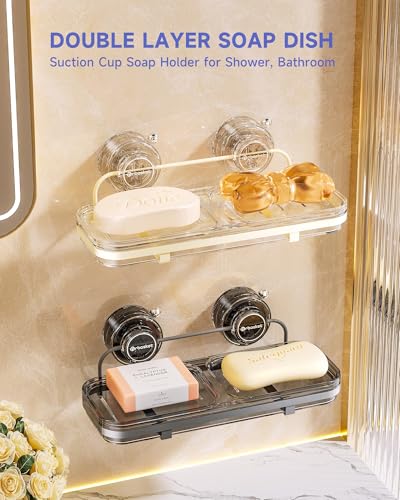 PEISAINOX Soap Dish for Shower Suction Cup Wall Soap Bar Holder Self Draining NO-Drilling Removable Sponge Holder for Bathroom Bathtub Kitchen Sink Waterproof Strong Vacuum Suction Adhesion