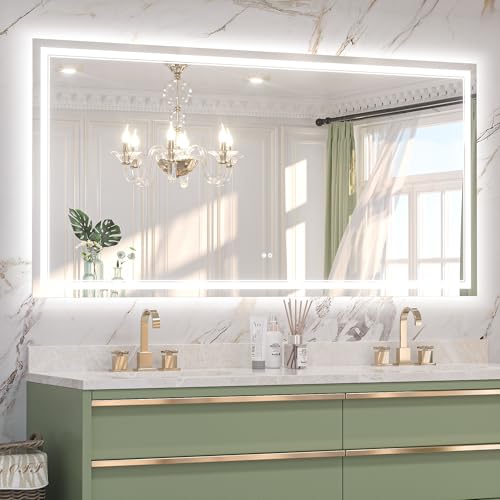 Keonjinn 72" x 36" Large Bathroom Mirror with Lights, Frontlit & Backlit | Safe HD Tempered Glass, 3000K/4500K/6000K, Dimmable, Auto-OFF Defogging, Memory Function, Smart Lighted Bathroom LED Mirror - size: 36"L x 72"W