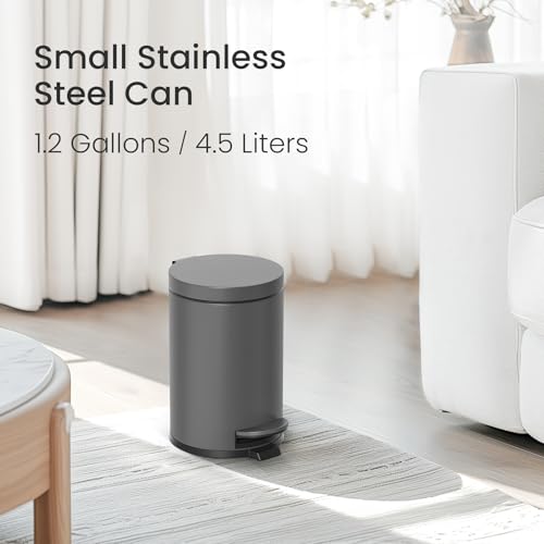 Cesun Small Round Bathroom Trash Can with Lid Soft Close, 1.2 Gal, Gray | Removable Inner Bucket, Stainless Steel Garbage Can for Bedroom/Office, Hands-Free Step Pedal, Fingerprint-Resistant - color: Gray