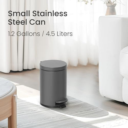 Cesun Small Round Bathroom Trash Can with Lid Soft Close, 1.2 Gal, Gray | Removable Inner Bucket, Stainless Steel Garbage Can for Bedroom/Office, Hands-Free Step Pedal, Fingerprint-Resistant - color: Gray