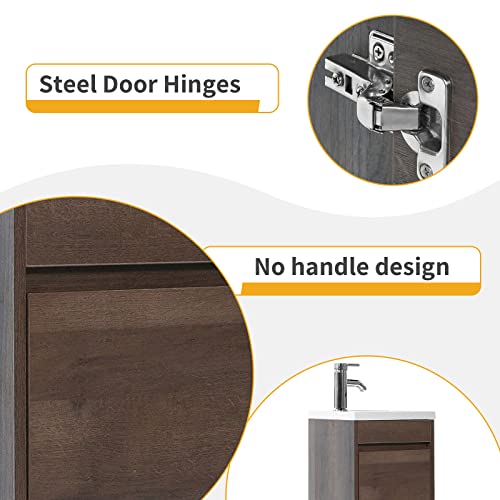 wonline 16” Bathroom Vanity Sink Combo for Small Space Wall Mounted Cabinet Set Design White Resin Basin Sink Top Chrome Faucet Wood Color - color: Brown