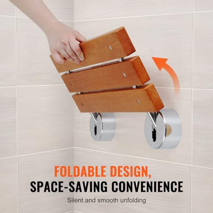VEVOR Folding Teak Shower Seat, 20.1" x 13.2" Unfolded, Wall Mounted Fold Up Shower Bench with 440 lbs Load Capacity, Space Saving Home Care Fold Down Shower Chair, for Seniors Pregnant Women Children
