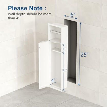 Qeke Recessed Toilet Paper Holder with Curved Door, Matte White, 4" Depth | 304 Stainless Steel, in Wall Tissue Paper Holder for Bathroom, Perfect Depth Fits Standard American Drywall
