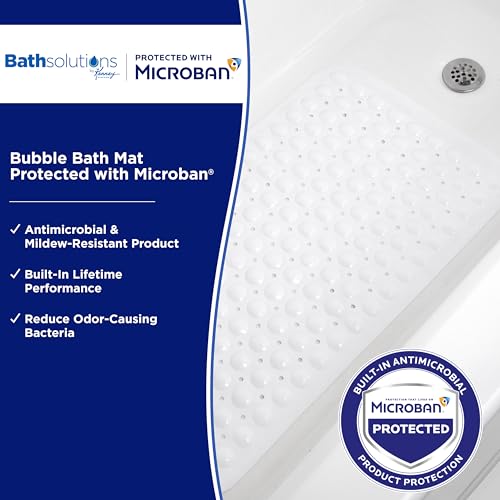 Kenney MB61186H Microban Protected 26.75" L x 14.5" W Vinyl Bubble Bath Mat, Shower Mat, Tub Mat with Suction Cups and Drain Holes for Use Inside the Shower, White - color: White