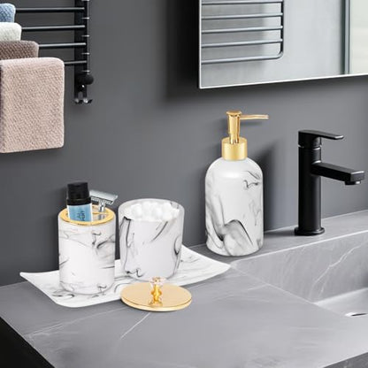 Haturi Bathroom Accessories Set, 4 Pcs Marble Look Sets Soap Dispenser & Toothbrush Holder Counter Top Restroom Apartment Decor Stuff, Glass Kits, Gift for Women and Men, Ink White | Kit w/ Bathroom Soap Dispenser Set, Toothbrush Holder, Qtip Holder, Soap
