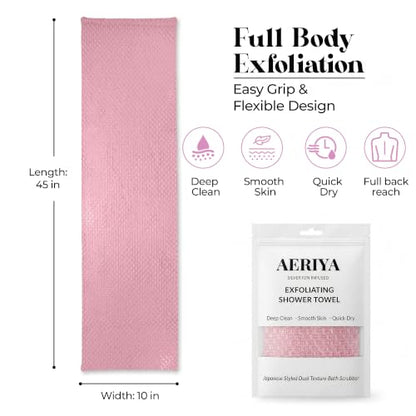 Exfoliating Washcloth – Long Japanese-Style Back Scrubber for Shower, 2-Sided Body Scrub Exfoliating Towel, Quick Dry Bath Cloth for Women, Pink - color: Pink