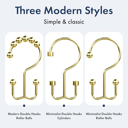 Bathway Shower Curtain Hooks Gold Shower Curtain Rings, 12 Pcs Double Hook Shower Curtain Hooks Rings Shower Curtain Hangers Rust Proof, Metal Shower Hooks for Bathroom Shower Curtain Rod - color: Gold, style: Minimalist