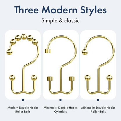 Bathway Shower Curtain Hooks Gold Shower Curtain Rings, 12 Pcs Double Hook Shower Curtain Hooks Rings Shower Curtain Hangers Rust Proof, Metal Shower Hooks for Bathroom Shower Curtain Rod - color: Gold, style: Minimalist