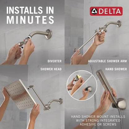 Delta Faucet 10-inch Raincan Shower Head and Hand Held Shower Combo, Brushed Nickel Square Shower Head, Rainfall Shower Head, Hand Shower, 1.75 GPM Flow Rate, Spotshield Brushed Nickel 75527-SN - color: Stainless