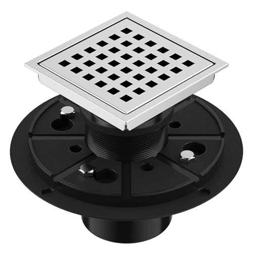 EXF Square Shower Drain 4-3/8 Inch Chrome with ABS Flange | Stainless Steel, Anti-Clog, Removable Grid Grate Hair Catcher, for Modern Bathroom Remodel Curbless Shower - color: Chrome, size: 4IN