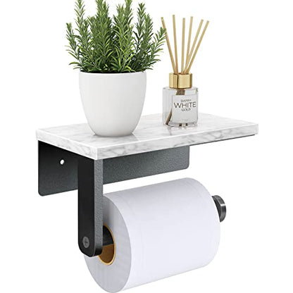 Gypie Marble Toilet Paper Holder with Shelf, Wall Mounted Matte Black | Stainless Steel Tissue Roll Paper Holder Dispenser for Bathroom Washroom - color: Black