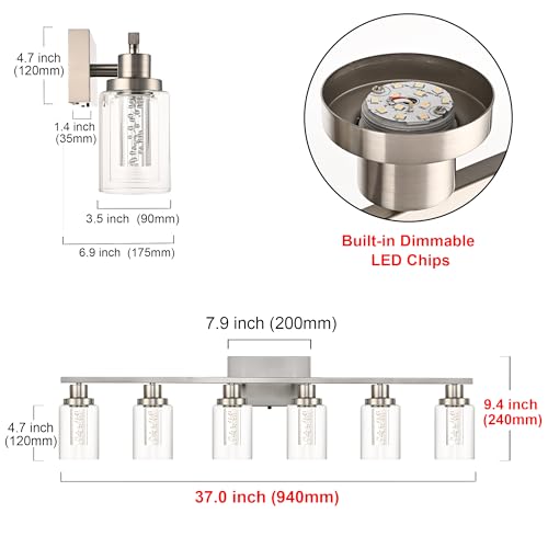 MELUCEE 6-Light LED Bathroom Vanity Light Brushed Nickel 3000K-6000K | Modern Bathroom Light Bar with Crystal Bubble Clear Glass Shade, Dimmable Bathroom Wall Sconce Lamp,Built-in LED Chips - color: Brushed Nickel, size: LED-6 Lights