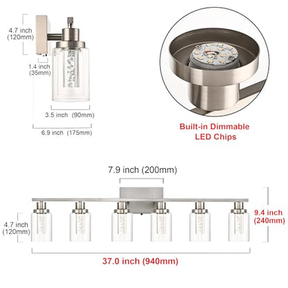 MELUCEE 6-Light LED Bathroom Vanity Light Brushed Nickel 3000K-6000K | Modern Bathroom Light Bar with Crystal Bubble Clear Glass Shade, Dimmable Bathroom Wall Sconce Lamp,Built-in LED Chips - color: Brushed Nickel, size: LED-6 Lights