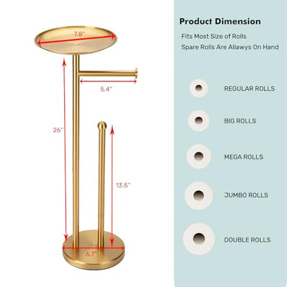 Freestanding Toilet Paper Holder with Shelf, Gold Toilet Paper Stand with Storage Tray and Space for 4 Extra Rolls - color: Gold