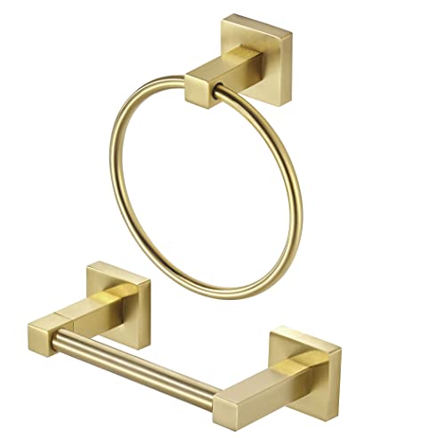 WOLIBEER Gold Toilet Paper Holder Hand Towel Holder, Brushed Brass Toilet Roll Holder Towel Ring, Modern Bathroom Hardware Set Stainless Steel Wall Mounted 2 Pieces - color: Brushed Gold