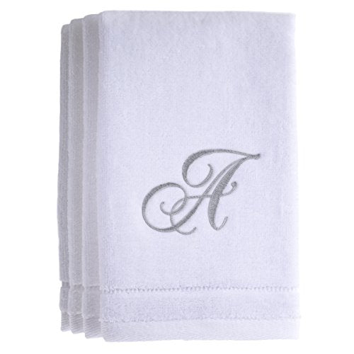 Monogrammed Towels Fingertip, Personalized Gift, 11 x 18 Inches - Set of 4- Silver Embroidered Towel - Extra Absorbent 100% Cotton- Soft Velour Finish - For Bathroom/ Kitchen/ Spa- Initial A (White) - color: A