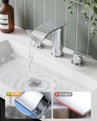WOWOW Bathroom Faucets 3 Hole: Chrome 8 Inch Widespread Bathroom Sink Faucet Waterfall Spout, with Pop Up Drain and Water Supply, Suitable for Vanity Rv Commercial Lavatory Restroom - color: Chrome