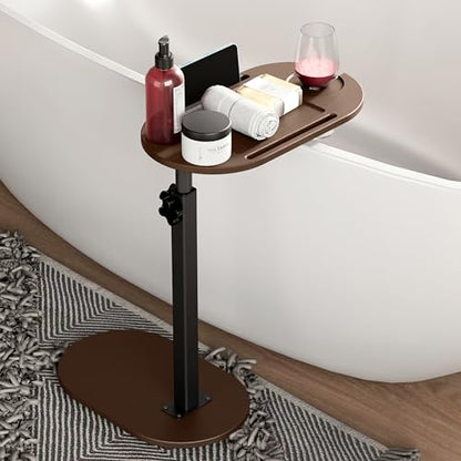 Bamboo Bathtub Tray Table with Adjustable Height and Freestanding | Bath Table Caddy Side Table for Tub Against Wall, Tub Shelf with Wine Glass Phone Holder - Patent Protected (Brown) - color: Brown