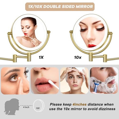 10X Magnifying Make up Mirror Wall Mounted with Light, Satin Brushed Gold | Double-sided Bathroom Close Makeup Vanity, 360 Rotation Swing Arm, Brass, 3 Color Lighting, Touch Dimmable, Rechargeable - color: Satin Brushed Gold