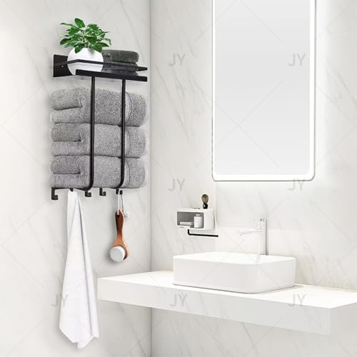 Wall Mounted Bathroom Towel Storage Rack with Shelf and 5 Hooks, Black | Holds 3 Large Towels, Stainless Steel, For Rolled Towels, For Bath Towels