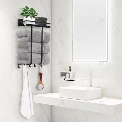 Wall Mounted Bathroom Towel Storage Rack with Shelf and 5 Hooks, Black | Holds 3 Large Towels, Stainless Steel, For Rolled Towels, For Bath Towels