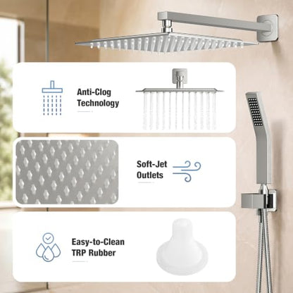 NEWBULIG Shower Faucet Set, Square Rainfall Shower Head and Handle Set with Valve Trim Kit,10.5 Inch Head, Brushed Nickel