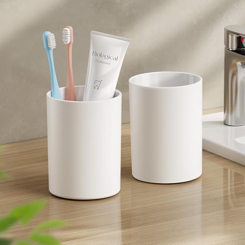Toothbrush Cup 13.75oz 390ml with Non-Slip Pad, Easy to Clean Bathroom Cup 2Pcs, Reusable Plastic Bathroom Tumbler, White - color: White, size: 2PCS