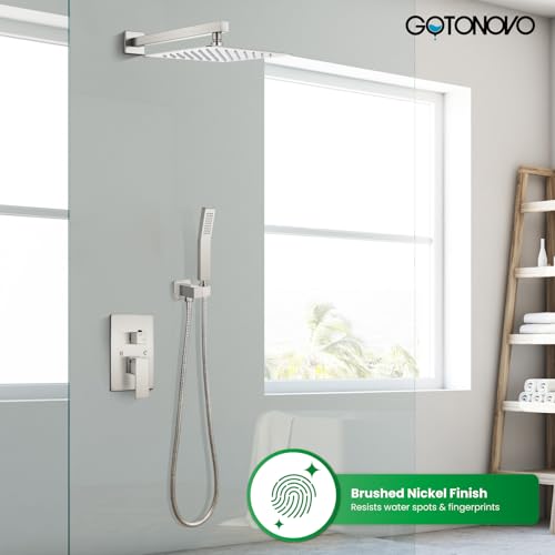 gotonovo Rainfall Bathroom Shower System Rain Shower Head and Handle Set Wall Mounted Shower Complete Combo Solid Brass Pressure Balancing Shower Mixer Valve 10 Inch Brushed Nickel - color: Brushed Nickel, size: 10 Inch
