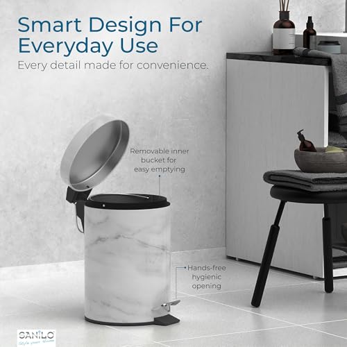 Sanilo Small Bathroom Trash Can with Lid [1.3 Gallon] - Lidded Tiny Trashcan for Garbage - Mini Metal Bin with Soft Closing Mechanism - Bath Room Accessoire Wastebin with Inner Bucket (Marble) - color: Marble