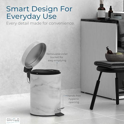 Sanilo Small Bathroom Trash Can with Lid [1.3 Gallon] - Lidded Tiny Trashcan for Garbage - Mini Metal Bin with Soft Closing Mechanism - Bath Room Accessoire Wastebin with Inner Bucket (Marble) - color: Marble