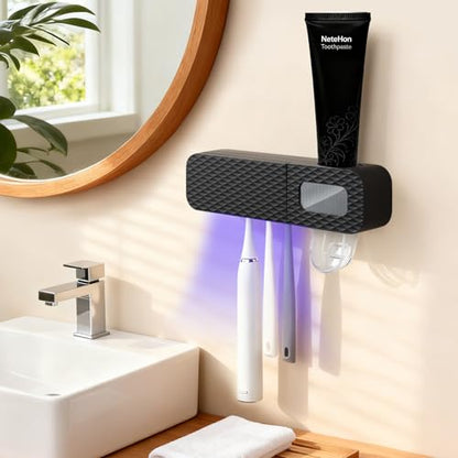 Smart Wall-Mounted Toothbrush Holder for Bathroom Black Toothbrush Storage Organizer with 3 Slots Toothbrush Holders with Toothpaste Dispenser for Drying Function