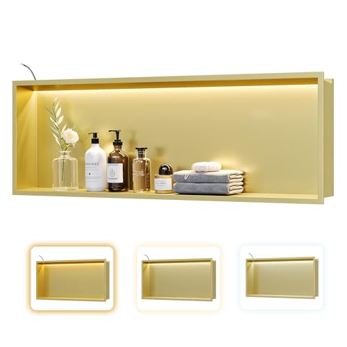 36"x12" Gold LED Shower Niche,3 CCT Dimmable Light, No Tile Needed | 304 Stainless Steel Bathroom Niche w/ Light(3000K/4000K/6000K), IP66 Waterproof, Space Saving & Durable ,LED Driver Included - color: Brass Gold, size: 36X12In