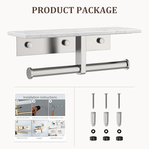 BWE Double Toilet Paper Holder with Shelf Wall Mounted Tissue Roll Holder | Commercial Toilet Paper Dispenser for Bathroom Marble Toilet Paper Storage Holder with Phone Shelf (Brushed Nickel) - color: Double Brushed Nickel