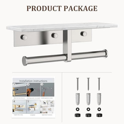 BWE Double Toilet Paper Holder with Shelf Wall Mounted Tissue Roll Holder | Commercial Toilet Paper Dispenser for Bathroom Marble Toilet Paper Storage Holder with Phone Shelf (Brushed Nickel) - color: Double Brushed Nickel