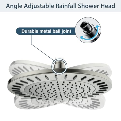 BRIGHT SHOWERS Rain Shower Head, 9 Inch High Pressure Waterfall Showerhead with Adjustable Angle and Anti-clogging Silicone Nozzles, Luxury Bathroom Overhead Shower, Brushed Nickel - color: Brushed Nickel