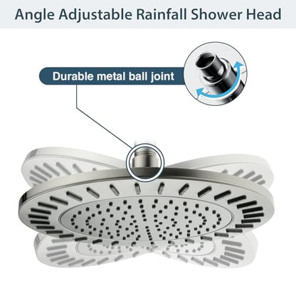 BRIGHT SHOWERS Rain Shower Head, 9 Inch High Pressure Waterfall Showerhead with Adjustable Angle and Anti-clogging Silicone Nozzles, Luxury Bathroom Overhead Shower, Brushed Nickel - color: Brushed Nickel