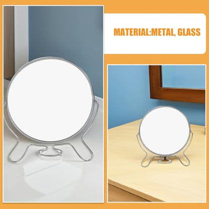 2pcs Double Sided Makeup Vanity Mirrors with Stand, 6-inch Round Lightweight Metal Frame and Glass, Foldable Swivel Tabletop Mirrors for Eyebrow Grooming at Home Use
